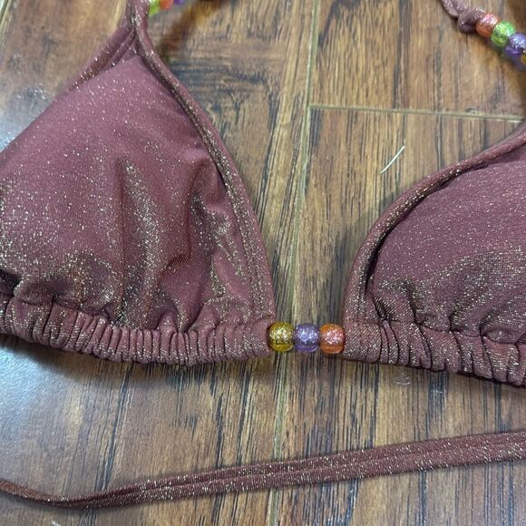 * NWT Wild Fable XXS (00) Brown Sparkly Beaded Bikini Triangle Top Swim - Picture 6 of 8